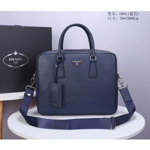 Prada Saffiano Leather Briefcase Dark Blue PR067