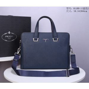 Prada Saffiano Leather Briefcase Dark Blue PR069